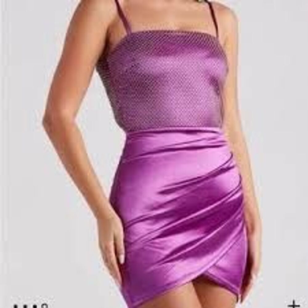Windsor Bodycon Mini Dress Magenta Purple Satin Rhinestone Crystal Overlay NWT